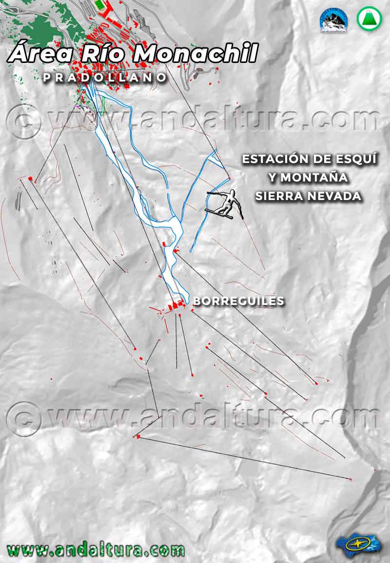 Mapa de las Pistas de Esquí del Área Río Monachil en Sierra Nevada