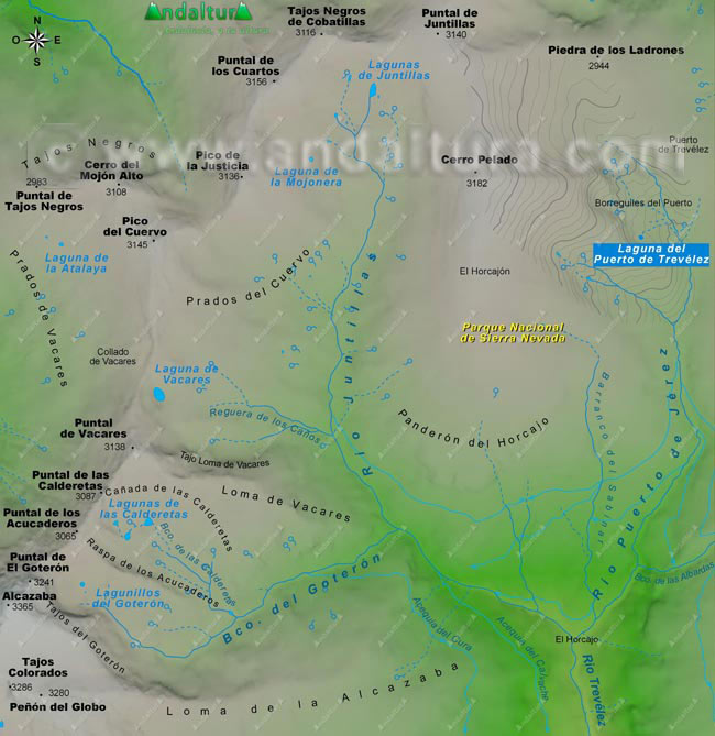 Antiguo Mapa de Sierra Nevada con la situación de la Laguna del Puerto o Laguna del Puerto de Trevélez
