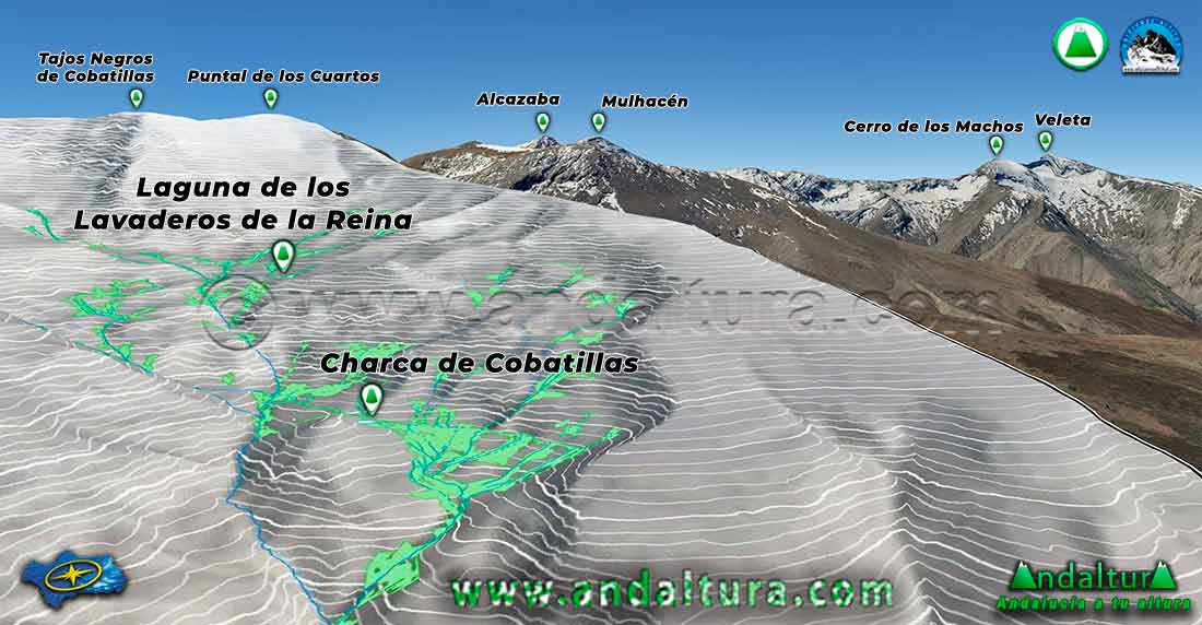 Representación cartográfica en 3d del Mapa las Lagunas de los Lavaderos de la Reina y la Charca de Cobatillas en Sierra Nevada
