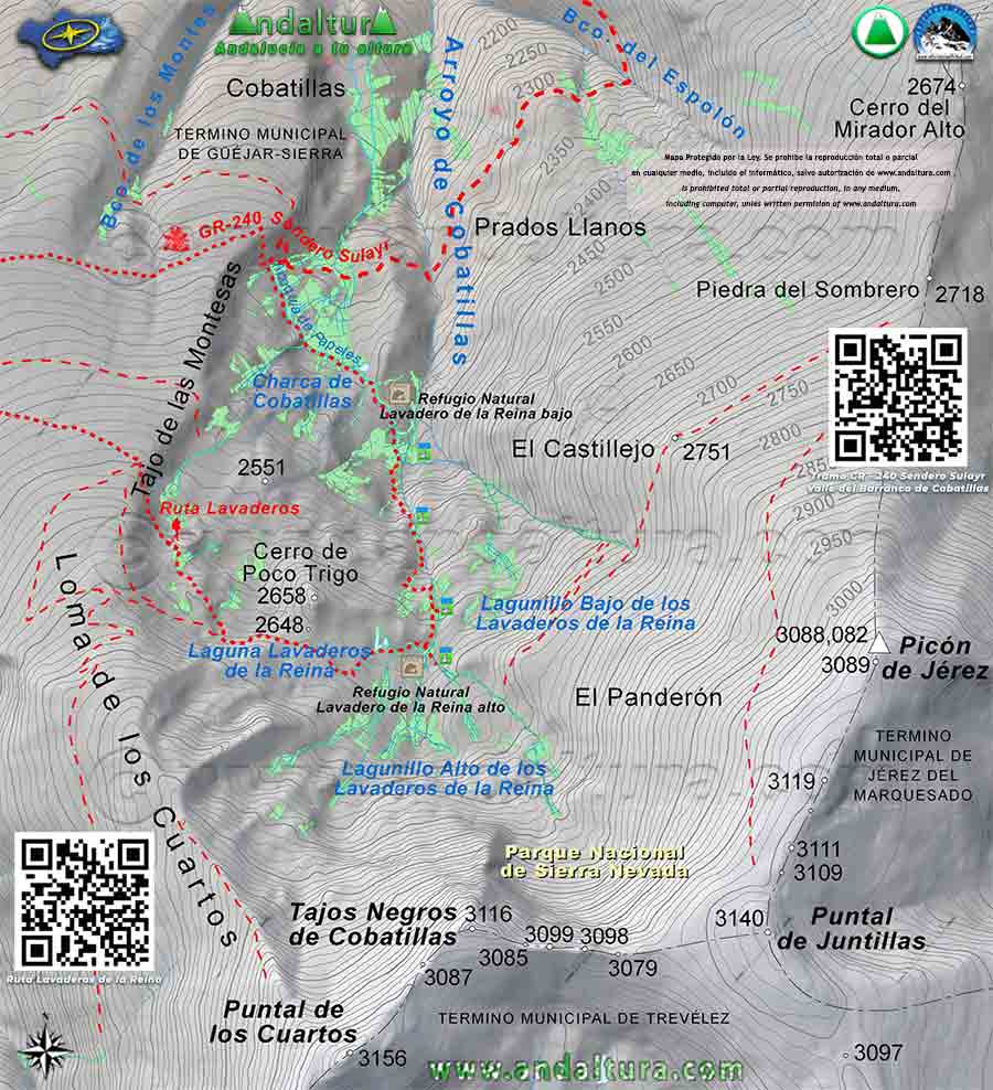 Mapa de las Lagunas de Sierra Nevada en el Valle del Arroyo de Cobatillas
