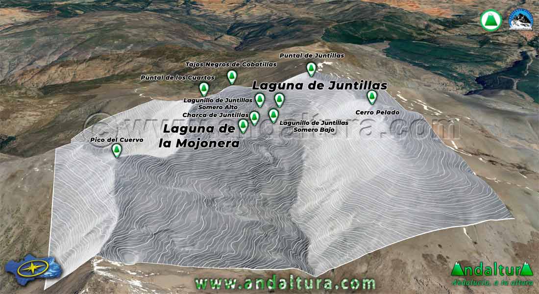 Representación cartográfica en 3d del Mapa de la Laguna de Juntillas y de la Mojonera den el Valle del río Juntillas en Sierra Nevada
