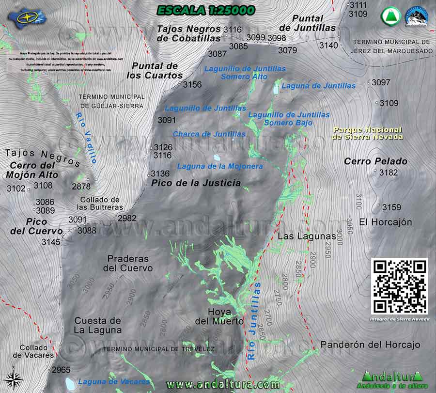 Mapa de las Lagunas de Sierra Nevada en el Valle del río Juntillas