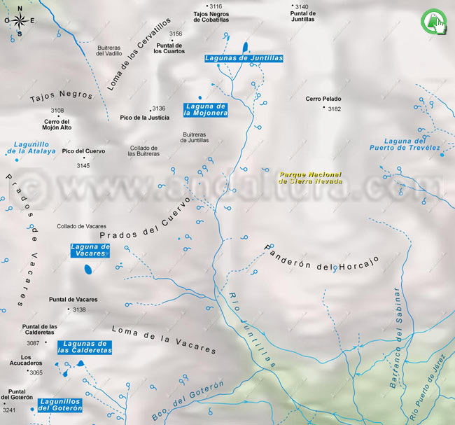 Mapa de Situación de las Lagunas de Sierra Nevada con la Laguna de Juntillas y la Laguna de la Monera