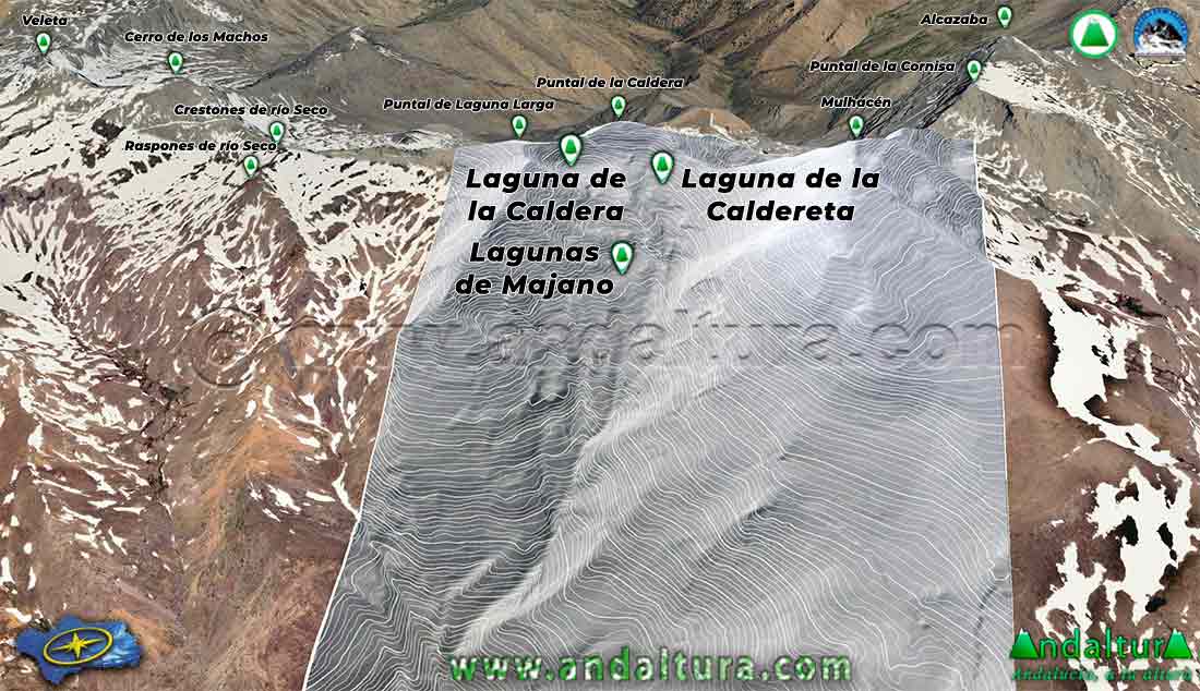 Proyección Topográfica 3D en Google Earth del Mapa de Sierra Nevada sobre la situación de las Lagunas de Sierra Nevada en Capileira: Lagunas del Valle del río Mulhacén: Laguna de la Caldera, Laguna de la Caldereta y Lagunas de Majano