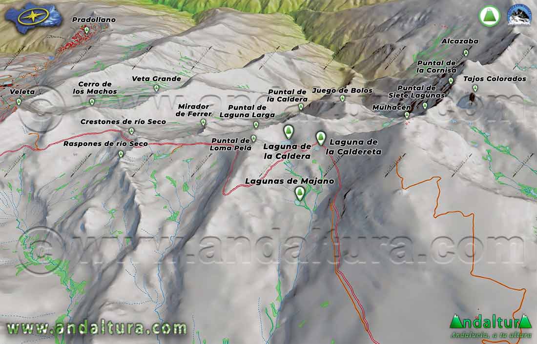 Proyección Topográfica en 3D del Mapa de Sierra Nevada sobre la situación de las Lagunas de Sierra Nevada en Capileira: Lagunas del Valle del río Mulhacén: Laguna de la Caldera, Laguna de la Caldereta y Lagunas de Majano