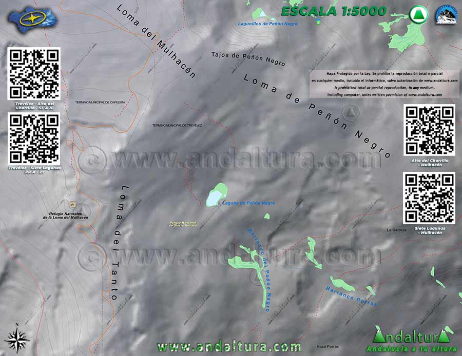 Mapa de las Lagunas de Sierra Nevada - Mapa de las Lagunas de la Loma del Mulhacén y el Barranco de Peñón Negro- Mapa de la Laguna de Peñón Negro - Lagunas de Sierra Nevada en Trevélez - Parque Nacional de Sierra Nevada - Mapa Sierra Nevada Colección Escala 1:5000