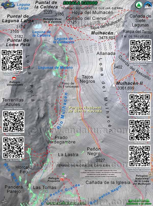 Mapa de las Lagunas de Sierra Nevada - Mapa de las Lagunas del río Mulhacén - Lagunas de la Caldera - Laguna de la Caldereta - Lagunas de Majano - Lagunas de Sierra Nevada en Capileira - Parque Nacional de Sierra Nevada - Mapa Sierra Nevada Colección Escala 1:25000