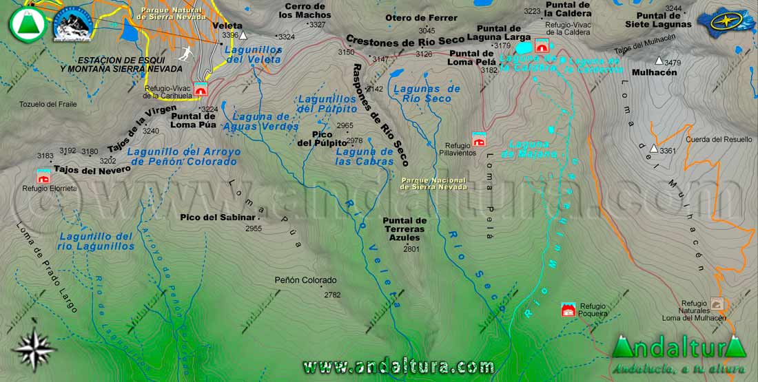 Mapa de las Lagunas del río Mulhacén - Laguna de la Caldera - Laguna de las Calderetas - Laguna de Majano - Lagunas de Sierra Nevada - Mapa de Sierra Nevada - Parque Nacional de Sierra Nevada