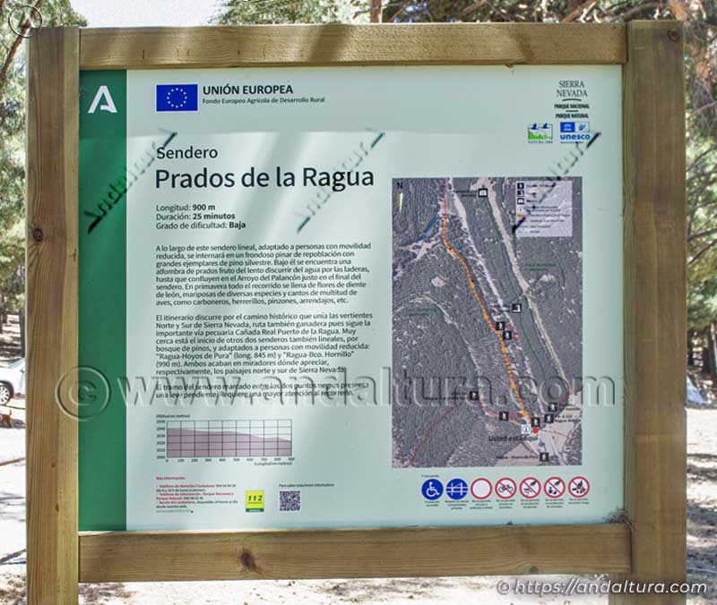 Cartel informativo del Sendero Adaptado de Movilidad Universal de los Prados de la Ragua en el Puerto de la Ragua