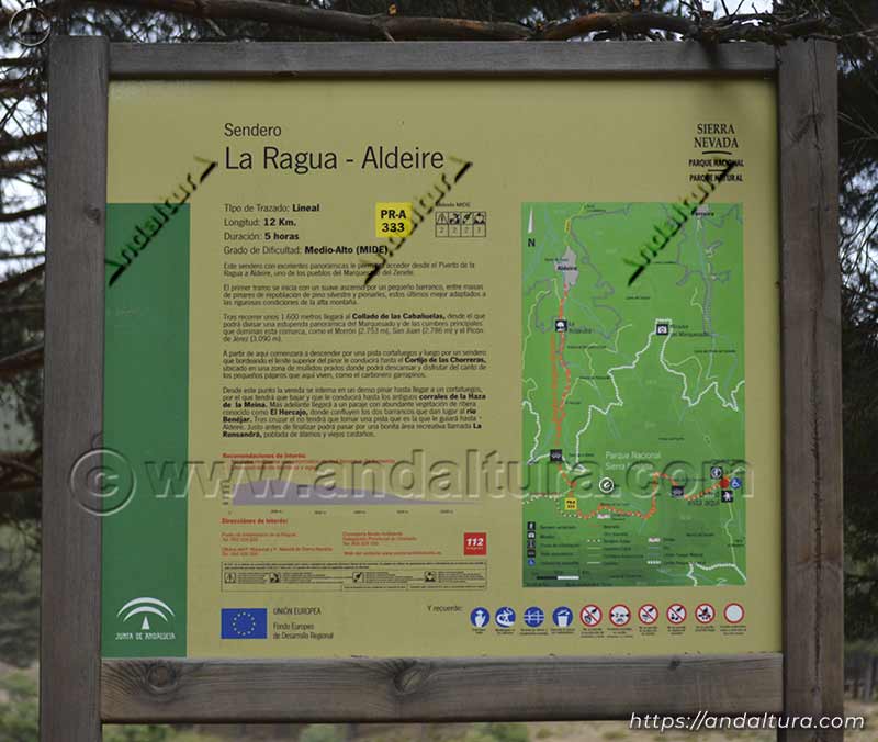 Cartel informativo del Pequeño Recorrido PR-A 333 Puerto de la Ragua - Aldeire