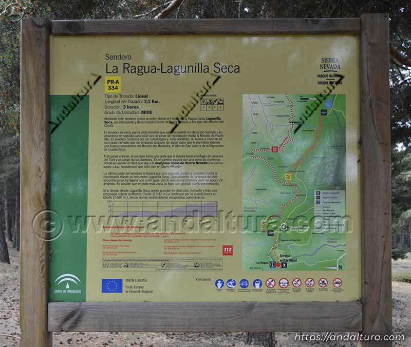 Cartel informativo del Pequeño Recorrido PR-A 334 Puerto de la Ragua - Lagunilla Seca
