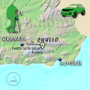 Recorte del mapa de Andalucía sobre cómo llegar al Puerto de la Ragua