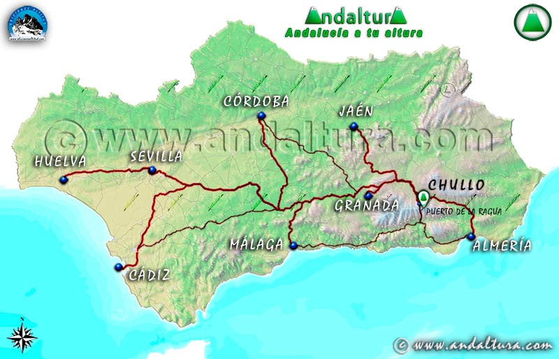 Mapa de Andalucía con el recorrido en coche al Puerto de la Ragua desde todas las capitales de provincia de Andalucía