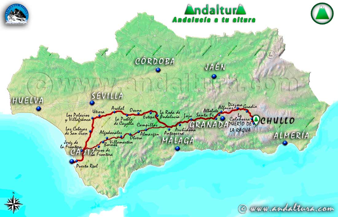 Mapa de Andalucía con el recorrido en coche al Puerto de la Ragua desde Cádiz