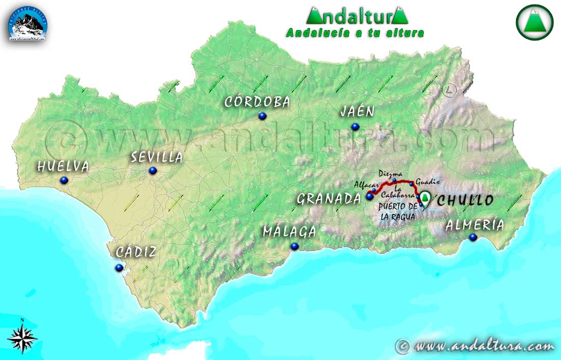 Mapa de Andalucía con el recorrido en coche al Puerto de la Ragua desde Granada