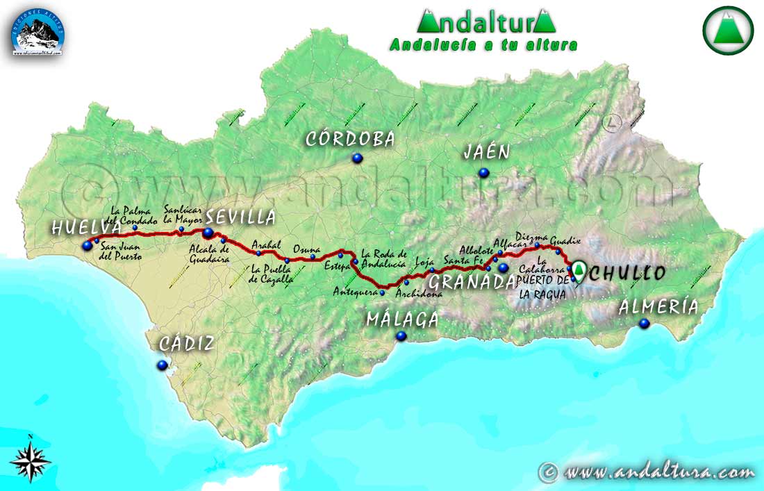 Mapa de Andalucía con el recorrido en coche al Puerto de la Ragua desde Huelva