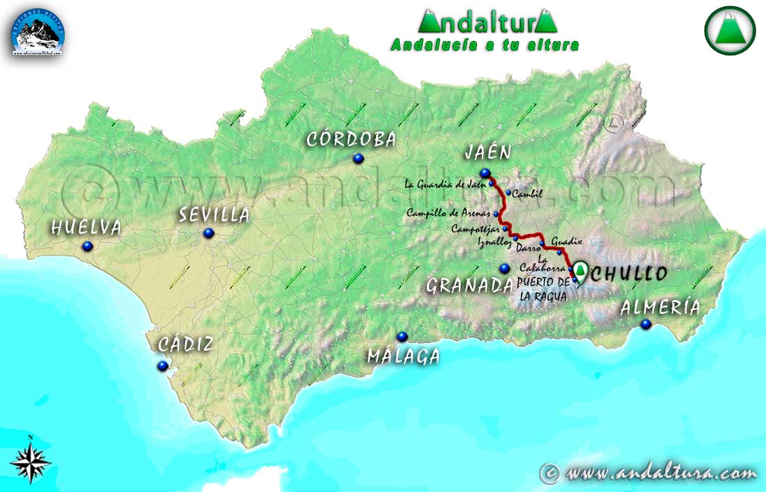 Mapa de Andalucía con el recorrido en coche al Puerto de la Ragua desde Jaén