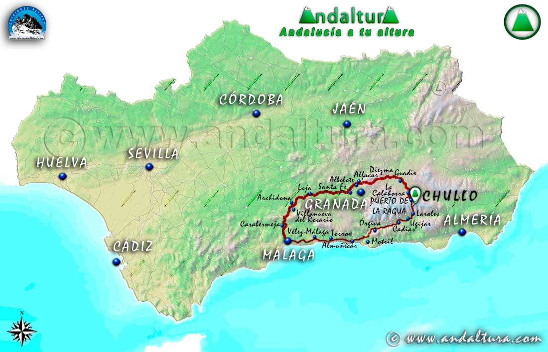 Mapa de Andalucía con el recorrido en coche al Puerto de la Ragua desde Málaga