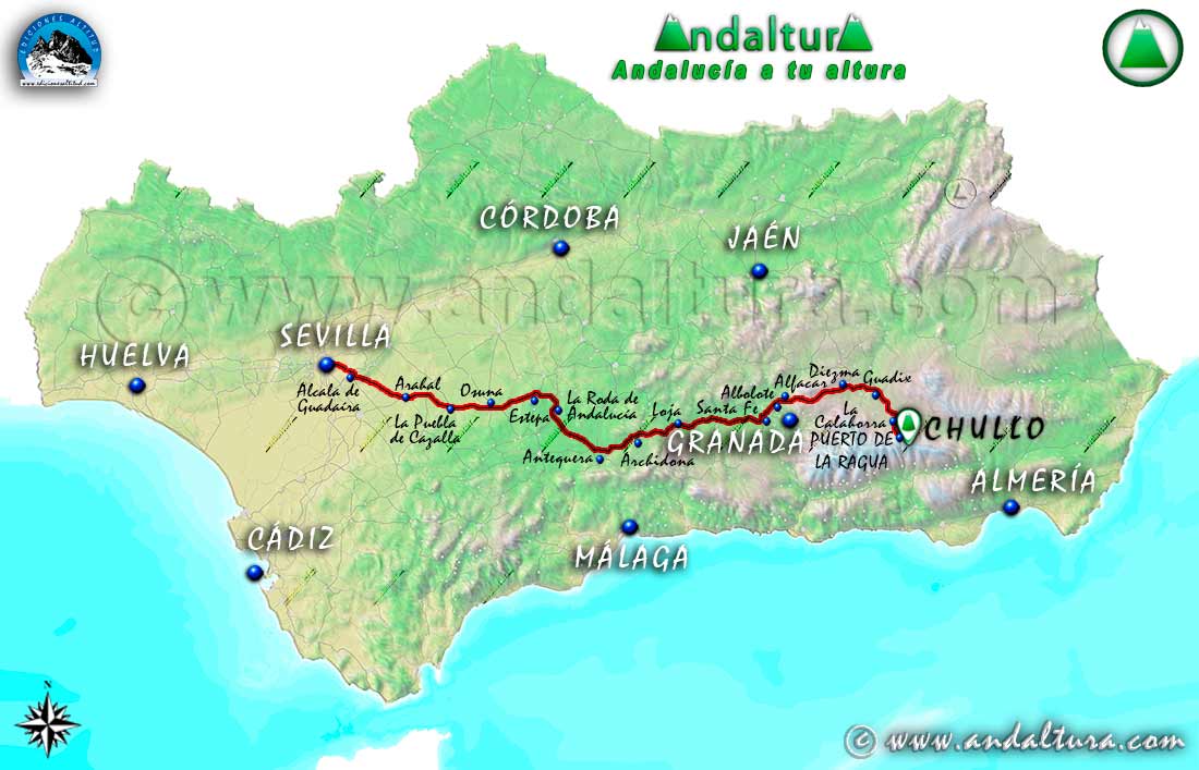 Mapa de Andalucía con el recorrido en coche al Puerto de la Ragua desde Sevilla