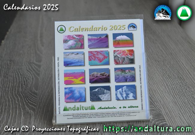 PDF del Calendario para Caja de CD de Proyecciones Topográficas en 3D de los Espacios Naturales de Andalucía del 2025