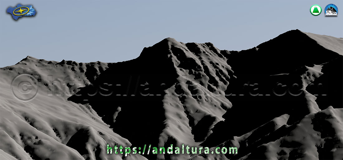 Proyección Topográfica en 3D sobre los Tresmiles: Puntal de Vacares, Alcazaba y el Mulhacén - al amanecer - Listado Tresmiles de Sierra Nevada
