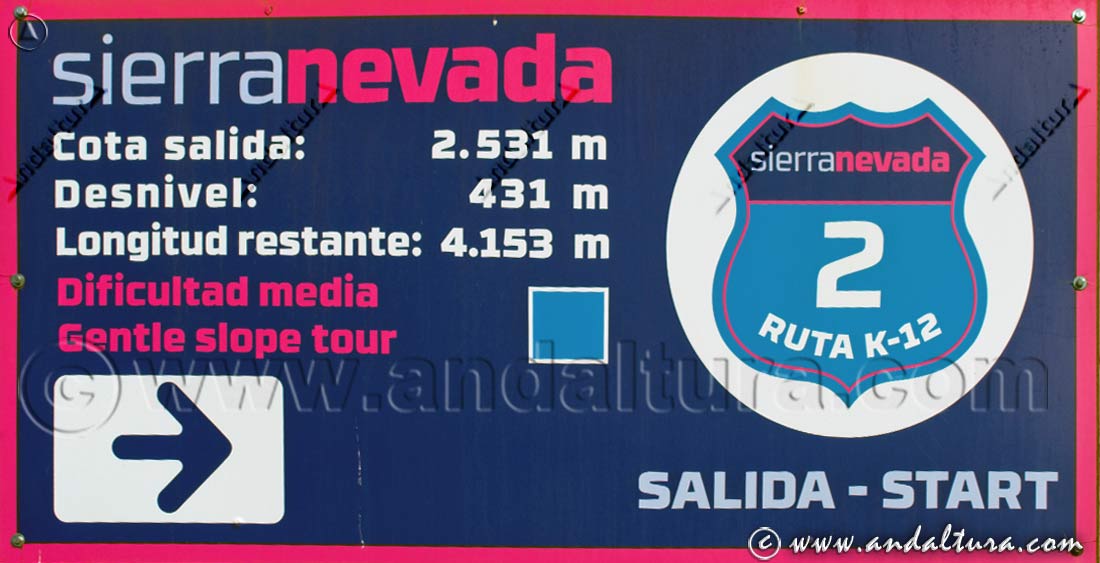 Cartel del itinerario de esqui de la ruta Km 12 por la Estación de Esquí Sierra Nevada