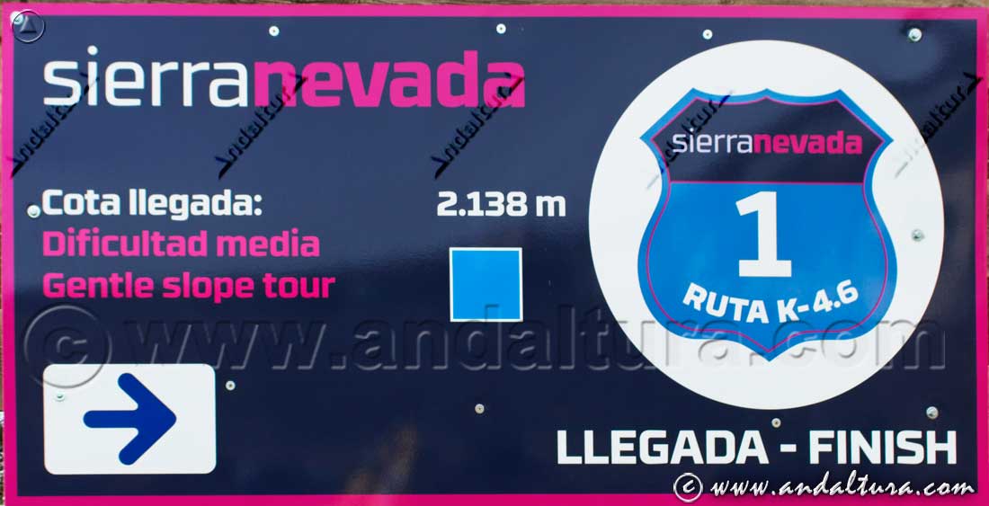 Cartel del itinerario de esqui de la ruta km 4,6 por la Estación de Esquí Sierra Nevada