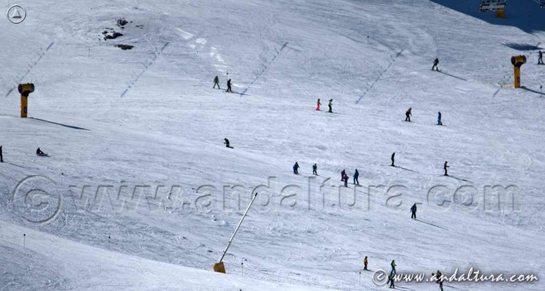 Principiantes y cañones de nieve en la pista Superverde de Sierra Nevada