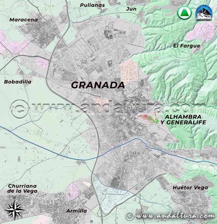 Mapa del Área metropolitana de Granada, útil para saber como ir a la Alhambra y el Generalife