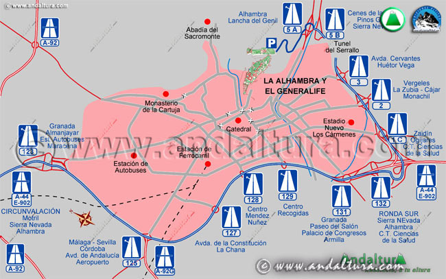 Mapa y accesos a la ciudad de Granada, útil para saber como ir a la Alhambra y el Generalife
