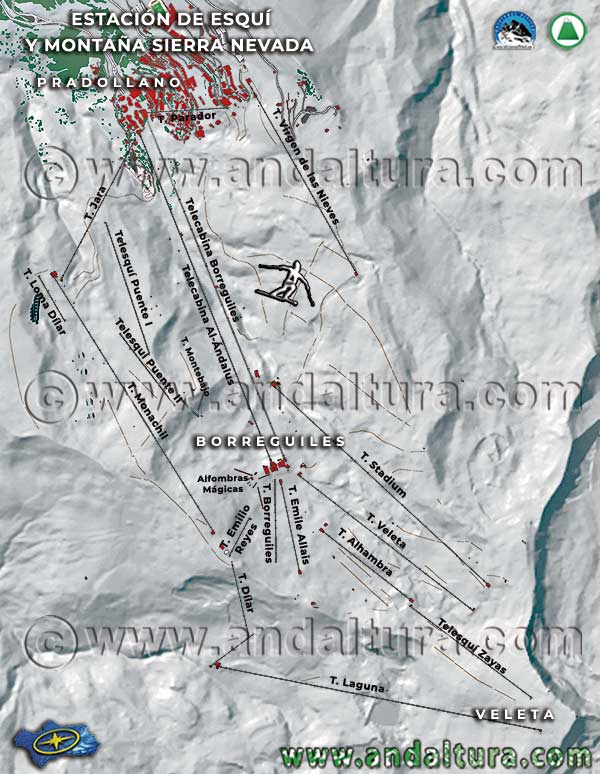 Mapa de Remontes y Paravientos de la Estación de Esquí Sierra Nevada en la Temporada 2024 - 2025