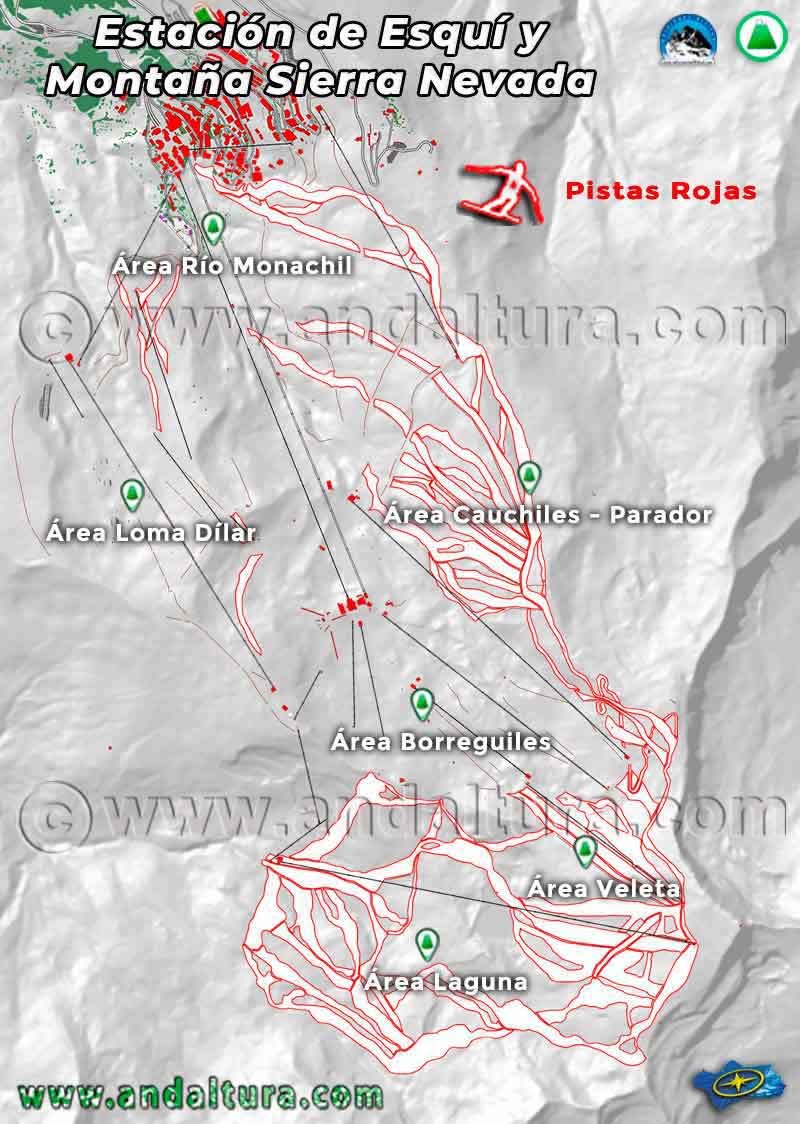 Mapa de Pistas rojas Estación de Esquí Sierra Nevada en la Temporada 2024 - 2025