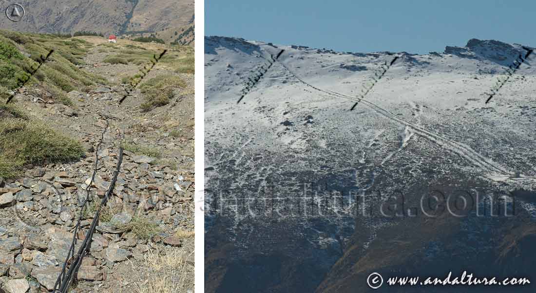 Restos actuales del antiguo Telesquí de los Peñones de San Francisco a los Campos de Otero, abajo el Refugio de San Francisco