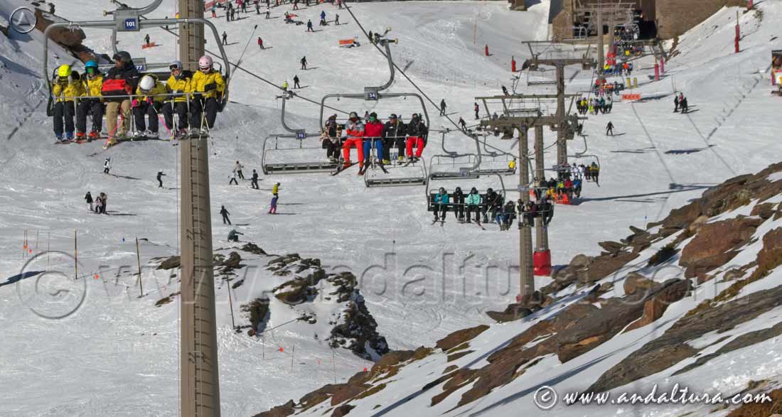 Esquiadores y Snowboarders en el Telesilla Stadium - Estación de Esquí Sierra Nevada