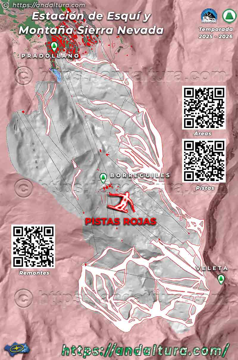 Mapa de pistas rojas de la estación de esquí de Sierra Nevada