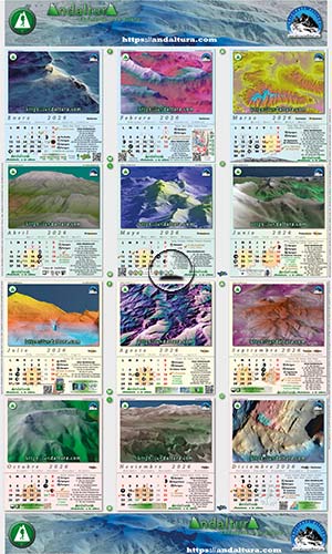 Calendario de pared A3 2026 con proyecciones topográficas 3D de Andalucía
